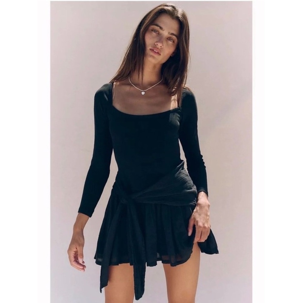 Free People Free-Est Long Sleeve Tie Waist Mini Dress Black Size XS NWT